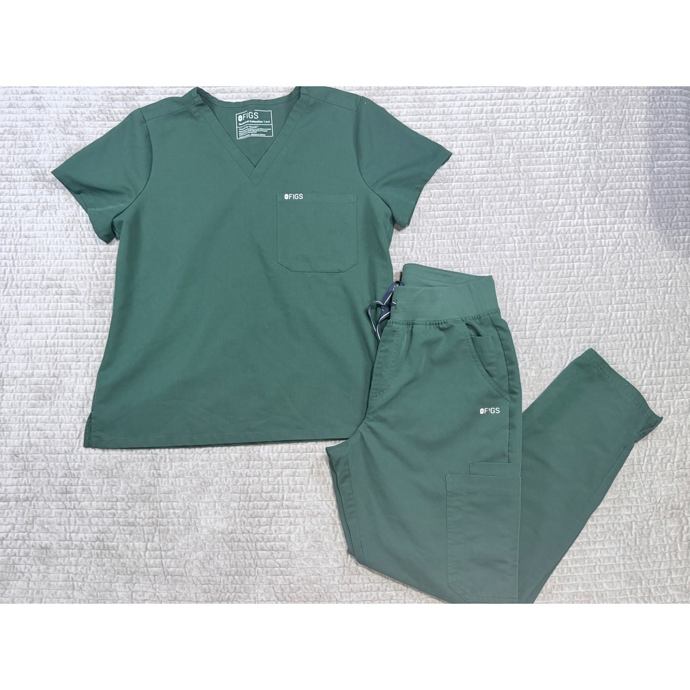 FIGS Technical Collection Dark Green Scrub Set Top & Cargo Pants Size Medium